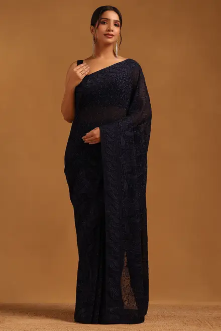 navy blue georgette botanical sarees with machine